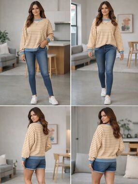 Free People We The Free Striped Sweatshirt Oversized Blue Tan Raw Hem Pullover M